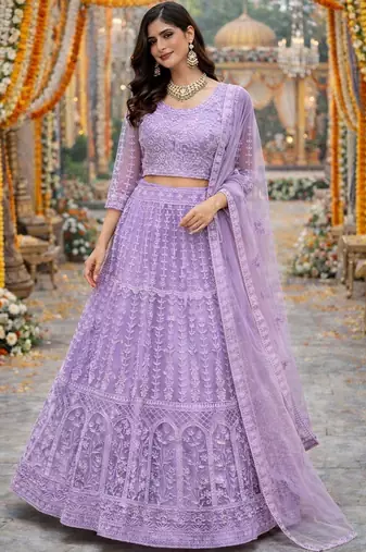 Embroidered Thread Work Semi-Stitched Lehenga & Blouse With Dupatta