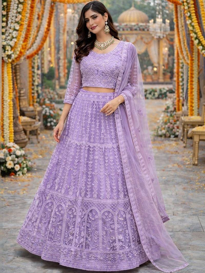 Embroidered Thread Work Semi-Stitched Lehenga & Blouse With Dupatta