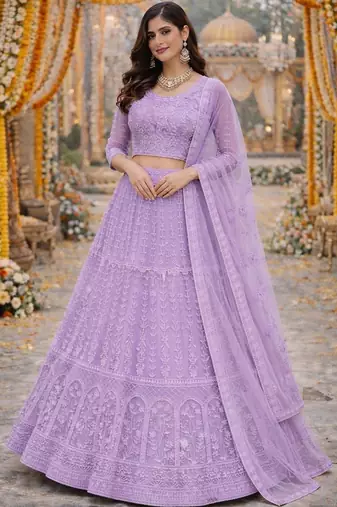 Embroidered Thread Work Semi-Stitched Lehenga & Blouse With Dupatta