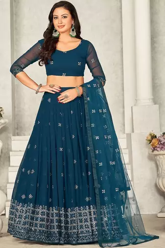 Embroidered Sequinned Semi-Stitched Lehenga & Unstitched Blouse With Dupatta