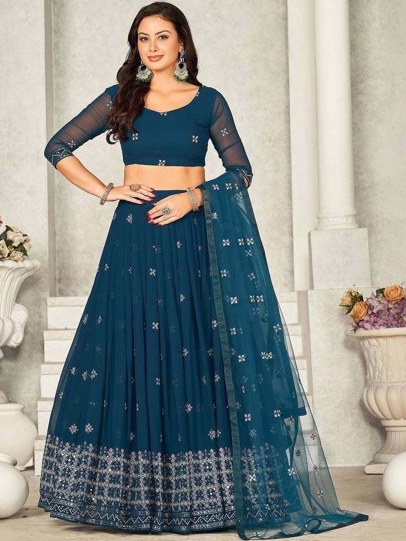 Embroidered Sequinned Semi-Stitched Lehenga & Unstitched Blouse With Dupatta