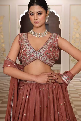 Embroidered Sequinned Semi-Stitched Lehenga & Unstitched Blouse With Dupatta