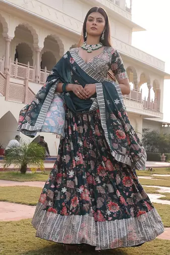Printed Sequinned Semi-Stitched Lehenga & Unstitched Blouse With Dupatta
