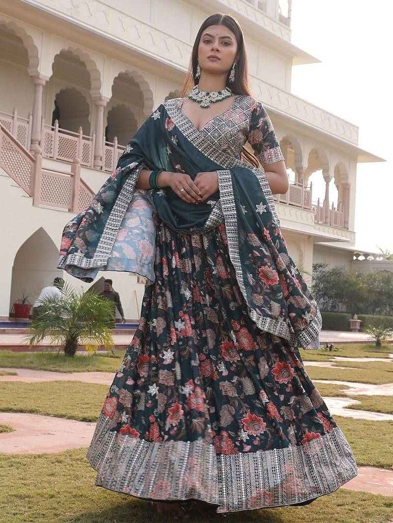 Printed Sequinned Semi-Stitched Lehenga & Unstitched Blouse With Dupatta