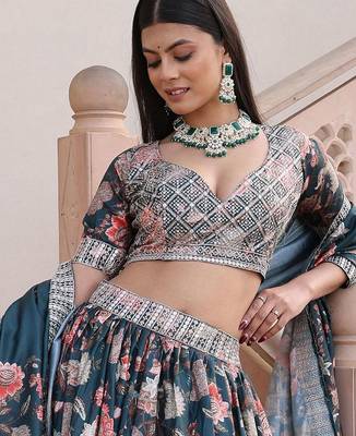 Printed Sequinned Semi-Stitched Lehenga & Unstitched Blouse With Dupatta 2