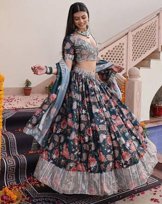 Printed Sequinned Semi-Stitched Lehenga & Unstitched Blouse With Dupatta 3