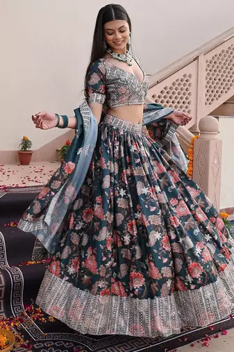 Printed Sequinned Semi-Stitched Lehenga & Unstitched Blouse With Dupatta