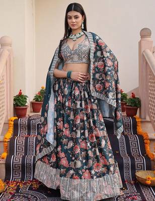Printed Sequinned Semi-Stitched Lehenga & Unstitched Blouse With Dupatta 4