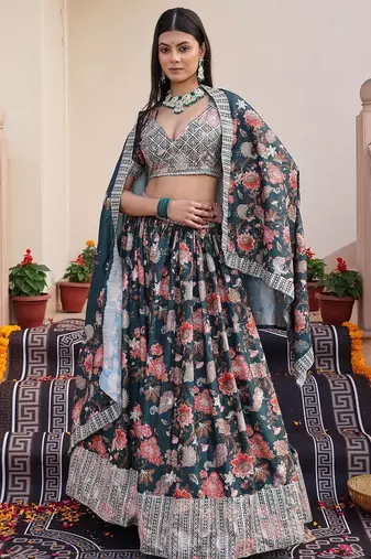 Printed Sequinned Semi-Stitched Lehenga & Unstitched Blouse With Dupatta