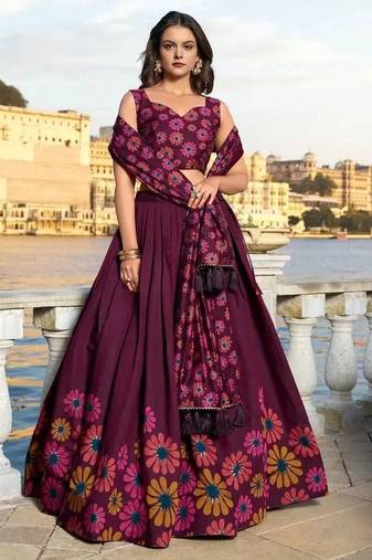 Printed Semi-Stitched Lehenga & Unstitched Blouse With Dupatta