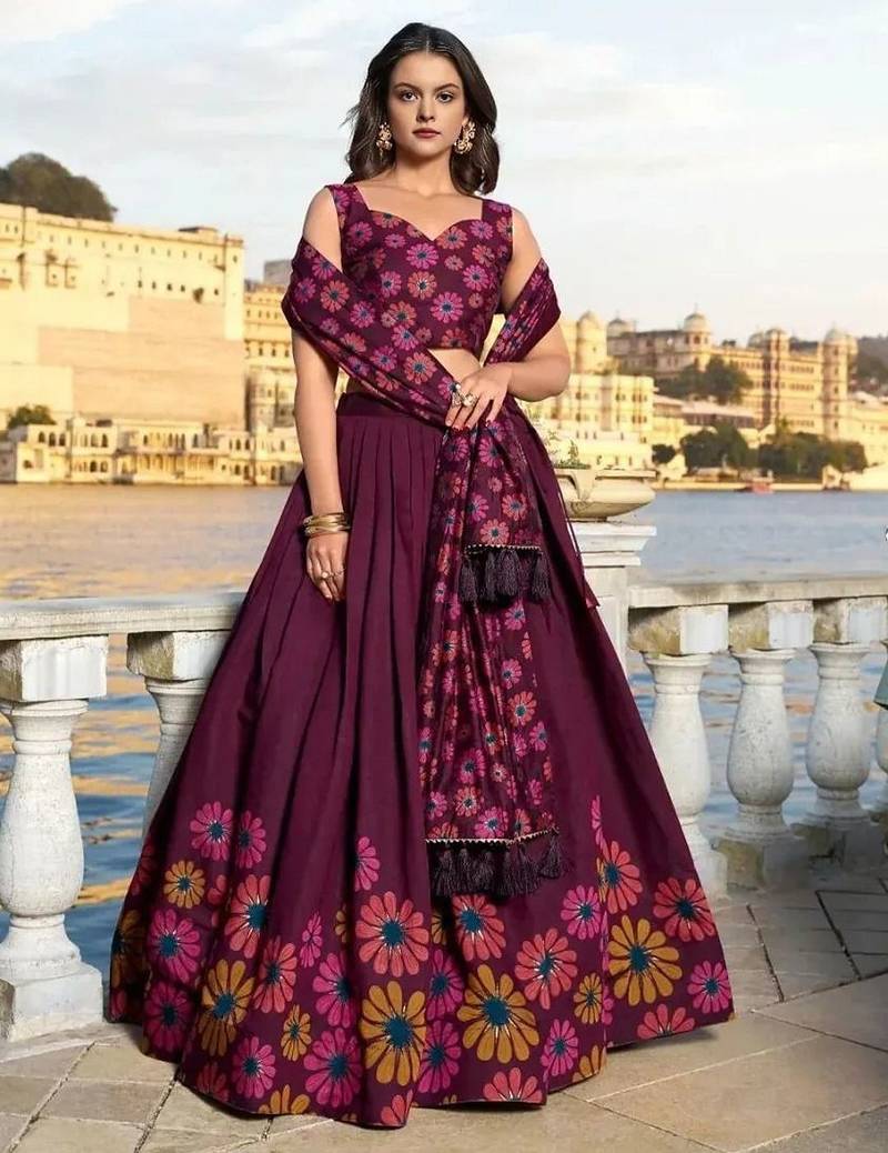 Printed Semi-Stitched Lehenga & Unstitched Blouse With Dupatta
