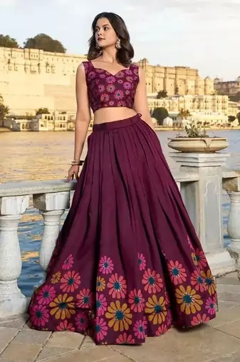 Printed Semi-Stitched Lehenga & Unstitched Blouse With Dupatta