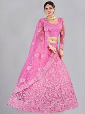 Embroidered Thread Work Semi-Stitched Net Lehenga & Blouse With Dupatta 1