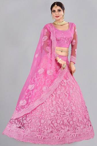 Embroidered Thread Work Semi-Stitched Net Lehenga & Blouse With Dupatta