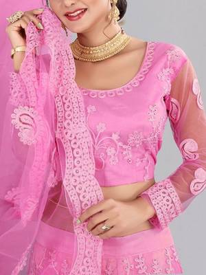 Embroidered Thread Work Semi-Stitched Net Lehenga & Blouse With Dupatta 2