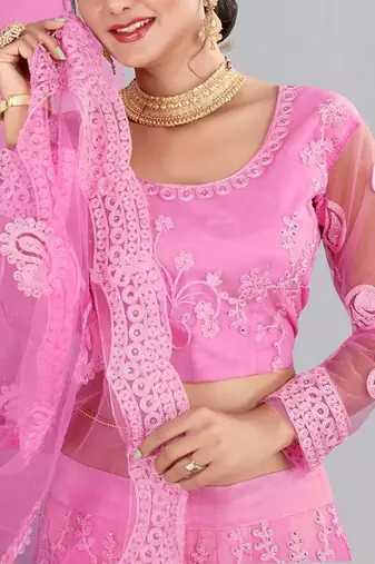 Embroidered Thread Work Semi-Stitched Net Lehenga & Blouse With Dupatta
