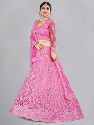 Embroidered Thread Work Semi-Stitched Net Lehenga & Blouse With Dupatta 3