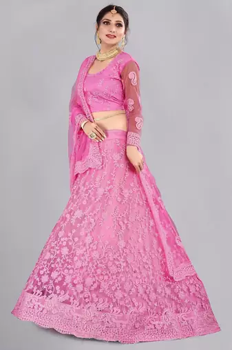 Embroidered Thread Work Semi-Stitched Net Lehenga & Blouse With Dupatta
