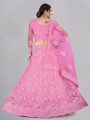 Embroidered Thread Work Semi-Stitched Net Lehenga & Blouse With Dupatta 4