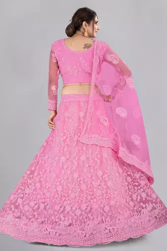 Embroidered Thread Work Semi-Stitched Net Lehenga & Blouse With Dupatta