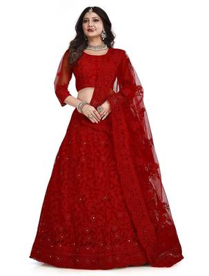 Embroidered Thread Work Net Semi-Stitched Lehenga & Blouse With Dupatta 1