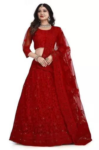 Embroidered Thread Work Net Semi-Stitched Lehenga & Blouse With Dupatta