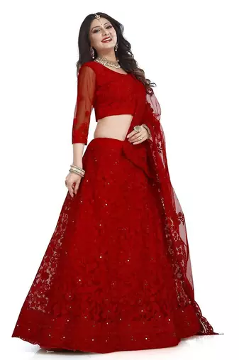 Embroidered Thread Work Net Semi-Stitched Lehenga & Blouse With Dupatta