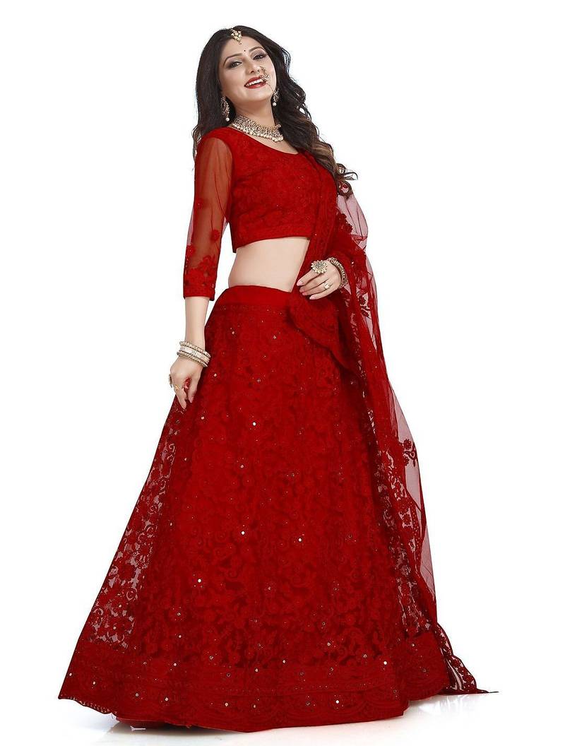 Embroidered Thread Work Net Semi-Stitched Lehenga & Blouse With Dupatta