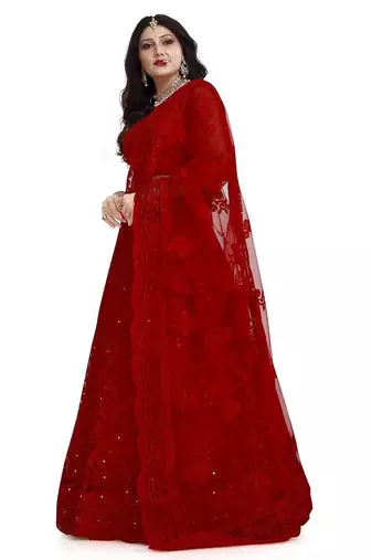 Embroidered Thread Work Net Semi-Stitched Lehenga & Blouse With Dupatta