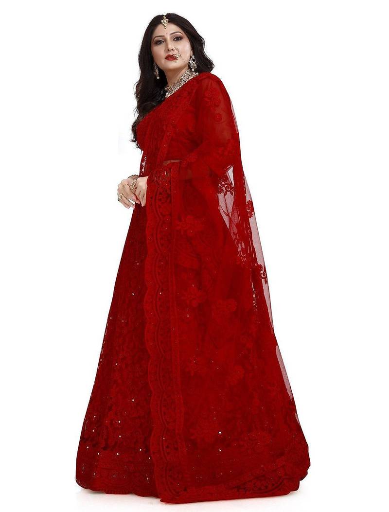 Embroidered Thread Work Net Semi-Stitched Lehenga & Blouse With Dupatta