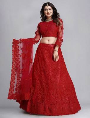 Embroidered Thread Work Semi-Stitched Net Lehenga & Blouse With Dupatta 1