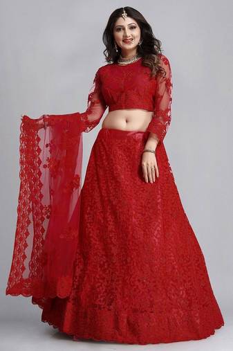 Embroidered Thread Work Semi-Stitched Net Lehenga & Blouse With Dupatta