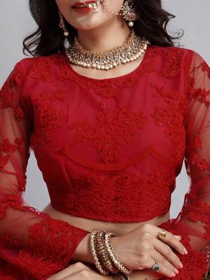 Embroidered Thread Work Semi-Stitched Net Lehenga & Blouse With Dupatta 2