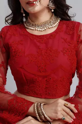 Embroidered Thread Work Semi-Stitched Net Lehenga & Blouse With Dupatta