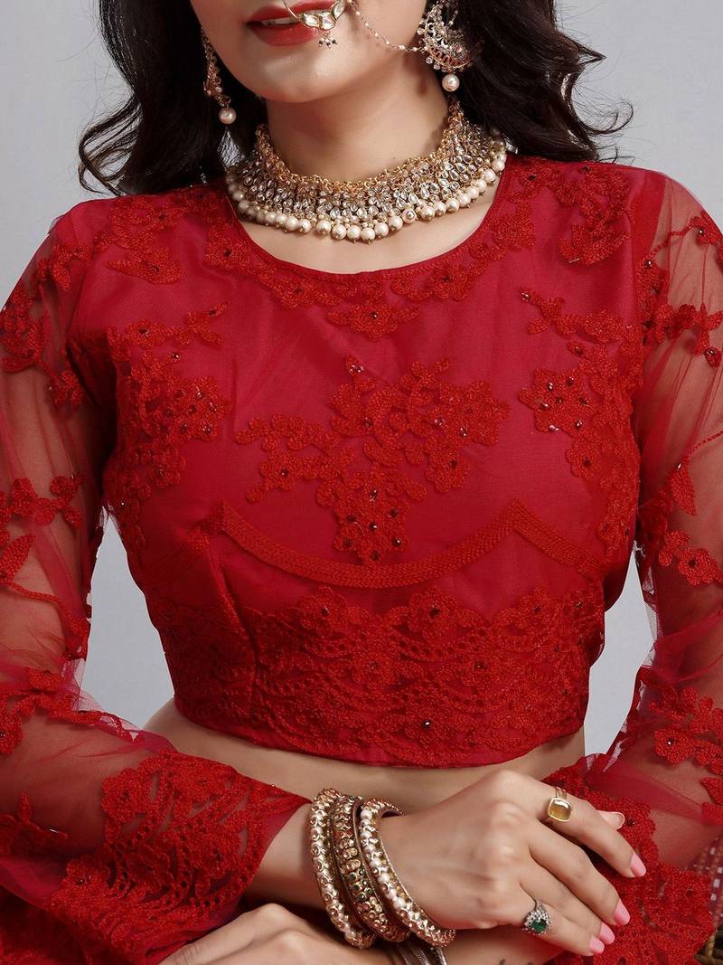 Embroidered Thread Work Semi-Stitched Net Lehenga & Blouse With Dupatta