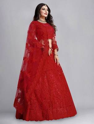 Embroidered Thread Work Semi-Stitched Net Lehenga & Blouse With Dupatta 3