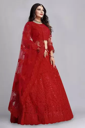 Embroidered Thread Work Semi-Stitched Net Lehenga & Blouse With Dupatta