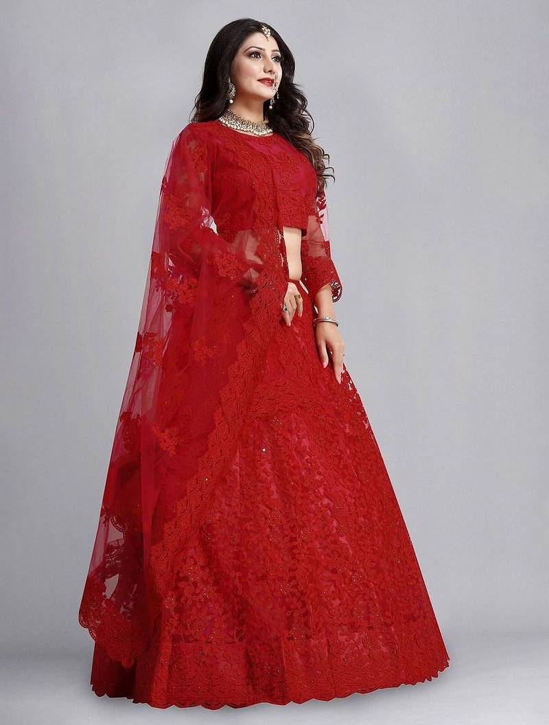 Embroidered Thread Work Semi-Stitched Net Lehenga & Blouse With Dupatta