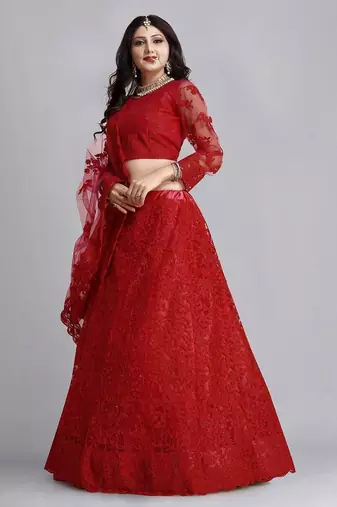 Embroidered Thread Work Semi-Stitched Net Lehenga & Blouse With Dupatta