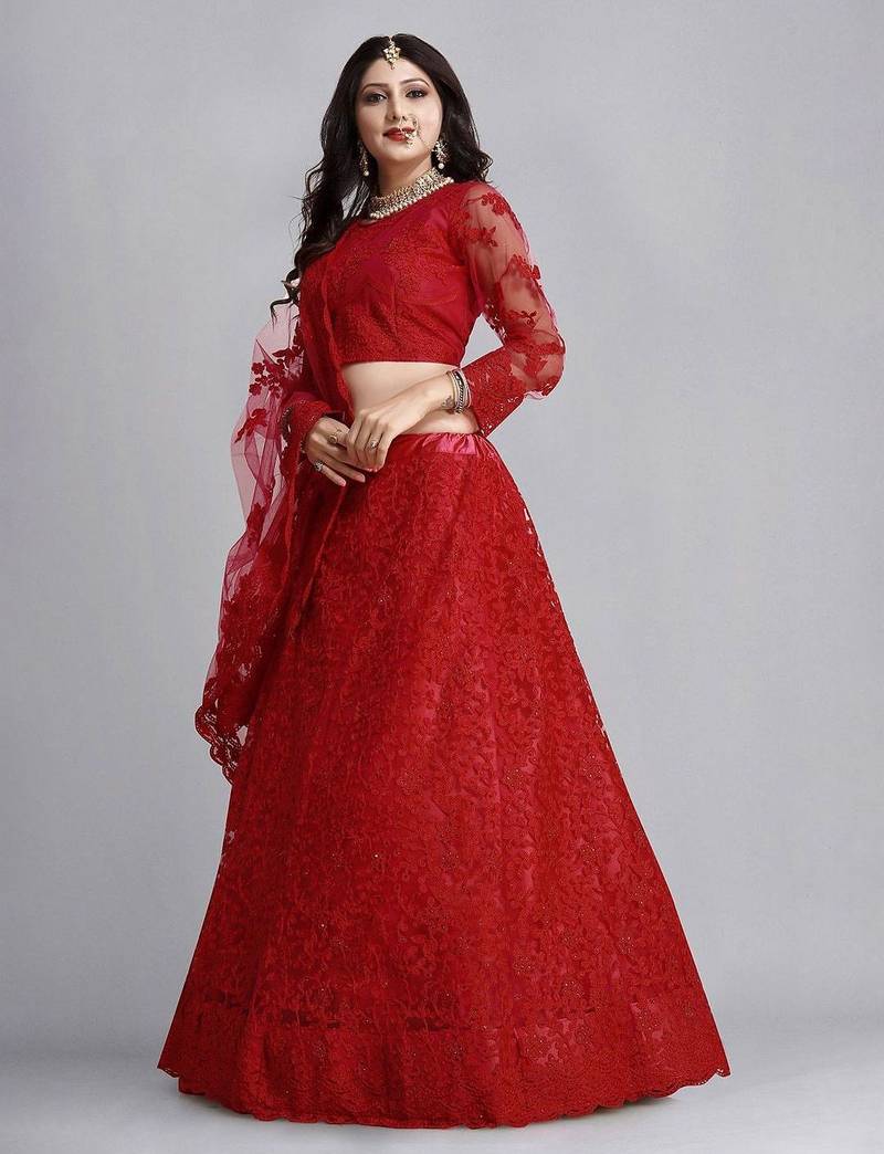 Embroidered Thread Work Semi-Stitched Net Lehenga & Blouse With Dupatta
