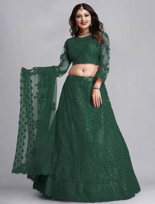 Embroidered Thread Work Semi-Stitched Net Lehenga & Blouse With Dupatta 1