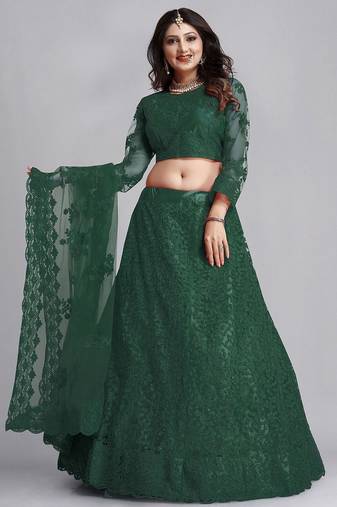 Embroidered Thread Work Semi-Stitched Net Lehenga & Blouse With Dupatta