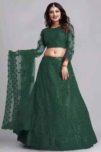 Embroidered Thread Work Semi-Stitched Net Lehenga & Blouse With Dupatta