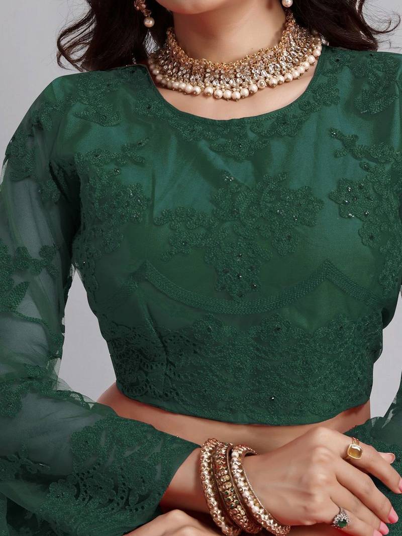 Embroidered Thread Work Semi-Stitched Net Lehenga & Blouse With Dupatta