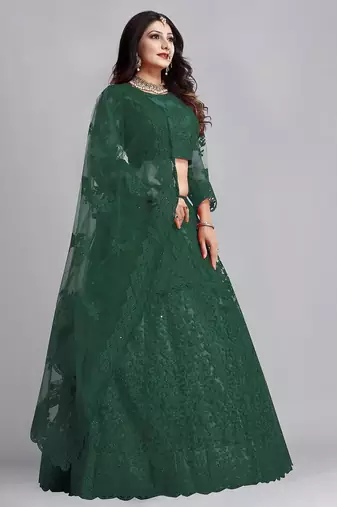 Embroidered Thread Work Semi-Stitched Net Lehenga & Blouse With Dupatta
