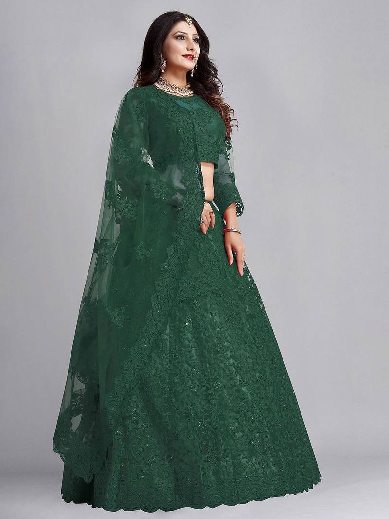 Embroidered Thread Work Semi-Stitched Net Lehenga & Blouse With Dupatta