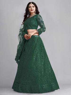Embroidered Thread Work Semi-Stitched Net Lehenga & Blouse With Dupatta 4