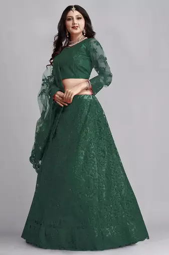 Embroidered Thread Work Semi-Stitched Net Lehenga & Blouse With Dupatta