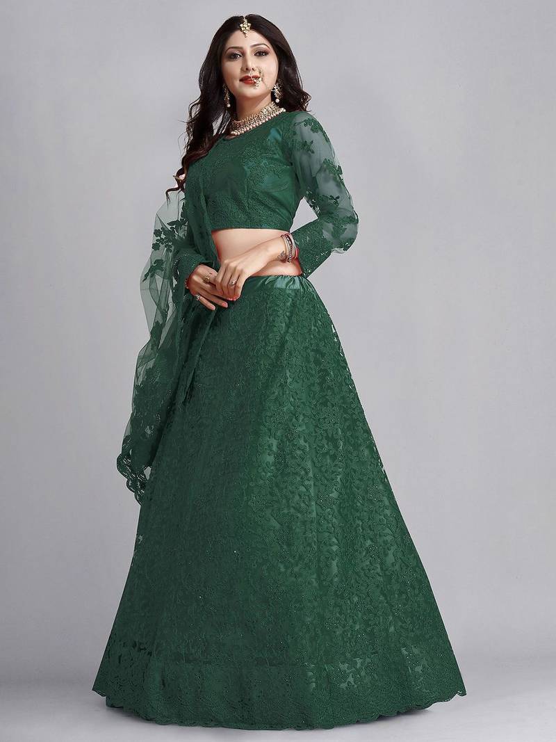 Embroidered Thread Work Semi-Stitched Net Lehenga & Blouse With Dupatta