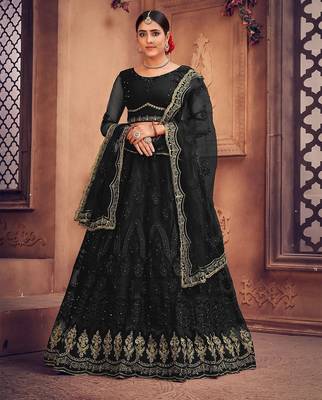 Embroidered Thread Work Semi-Stitched Net Lehenga & Blouse With Dupatta 1